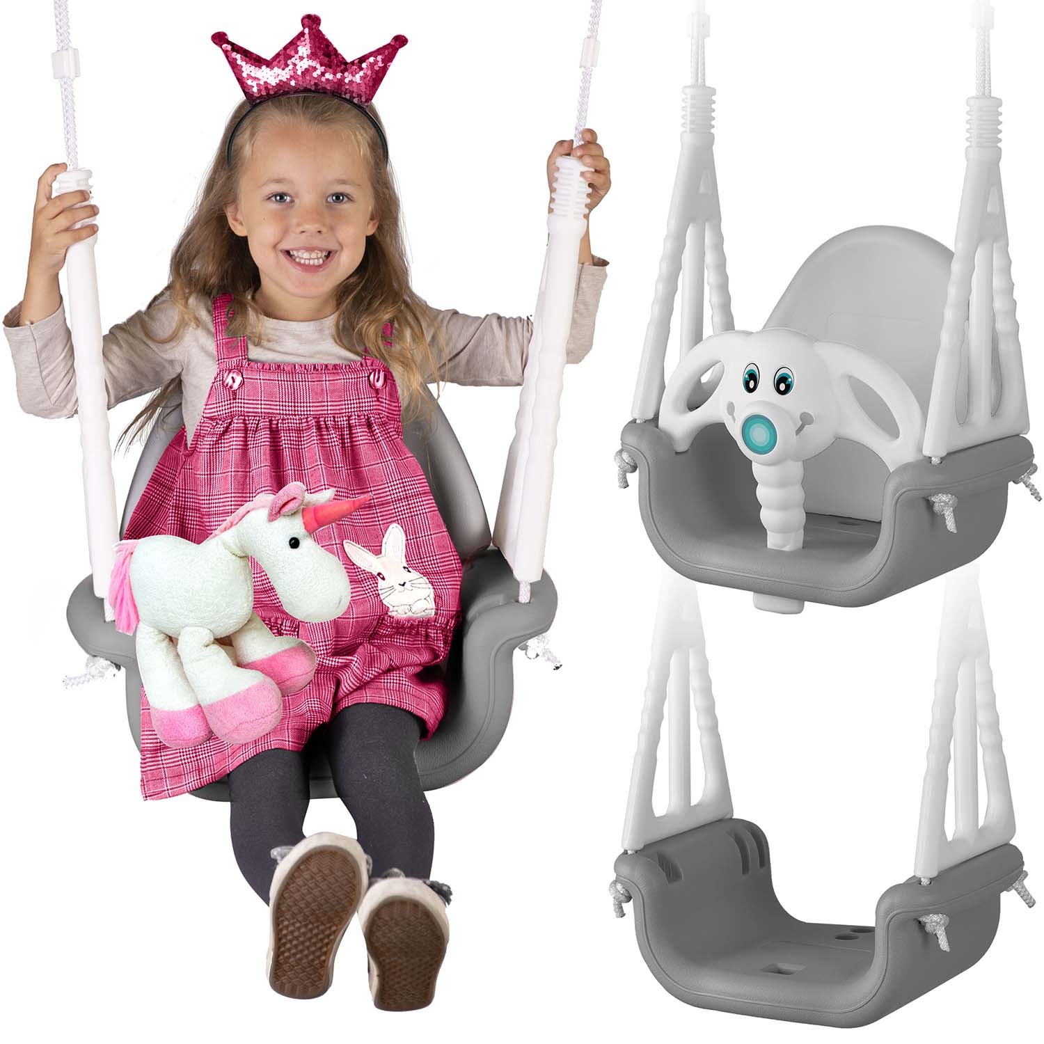 Columpio de cubo con elefante 3 en 1 de Ricokids, gris y blanco