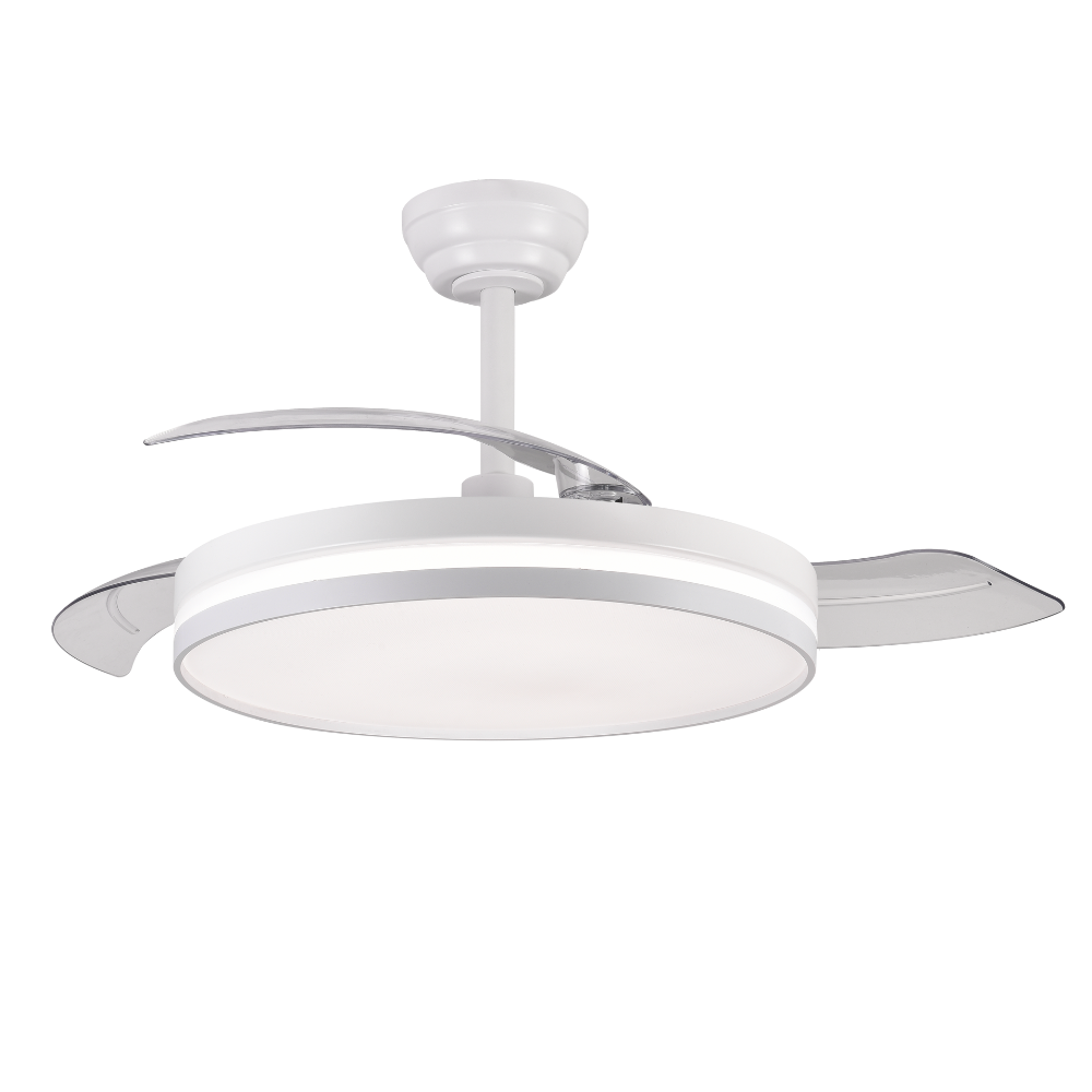 Ventilador De Techo motor Dc Eplus Blanco con Aspas Desplegables 60w. 3 Temperaturas seleccionables, control remoto con temporizador y Memoria, 6097 Lumenes intensidad regulable, luz de noche, 6 velocidades funcion brisa, Ultra silencioso.