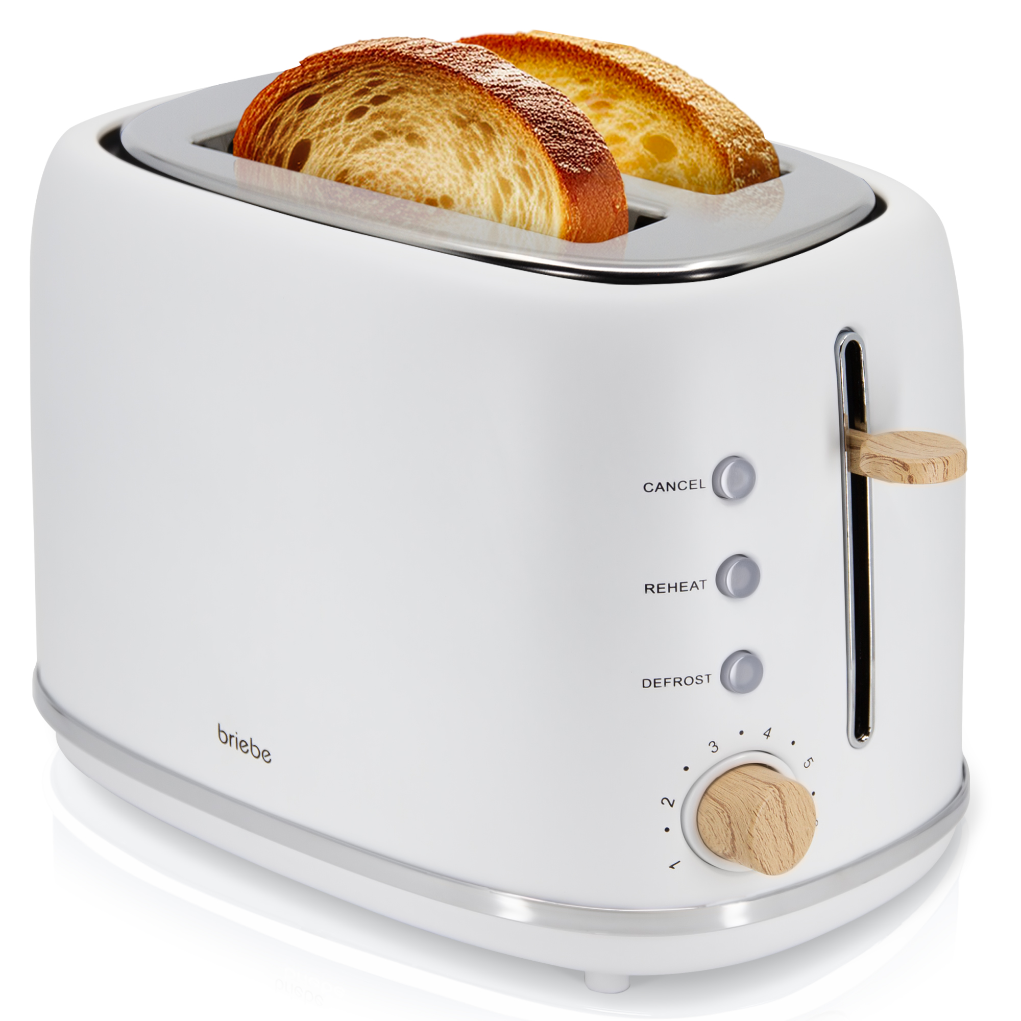Briebe TA1166WHT Nordic Tostadora Pan Ranura Ancha, Tostador 2 Rebanadas, 6 Niveles Tostado, Calientapanecillos, 870W, Blanco