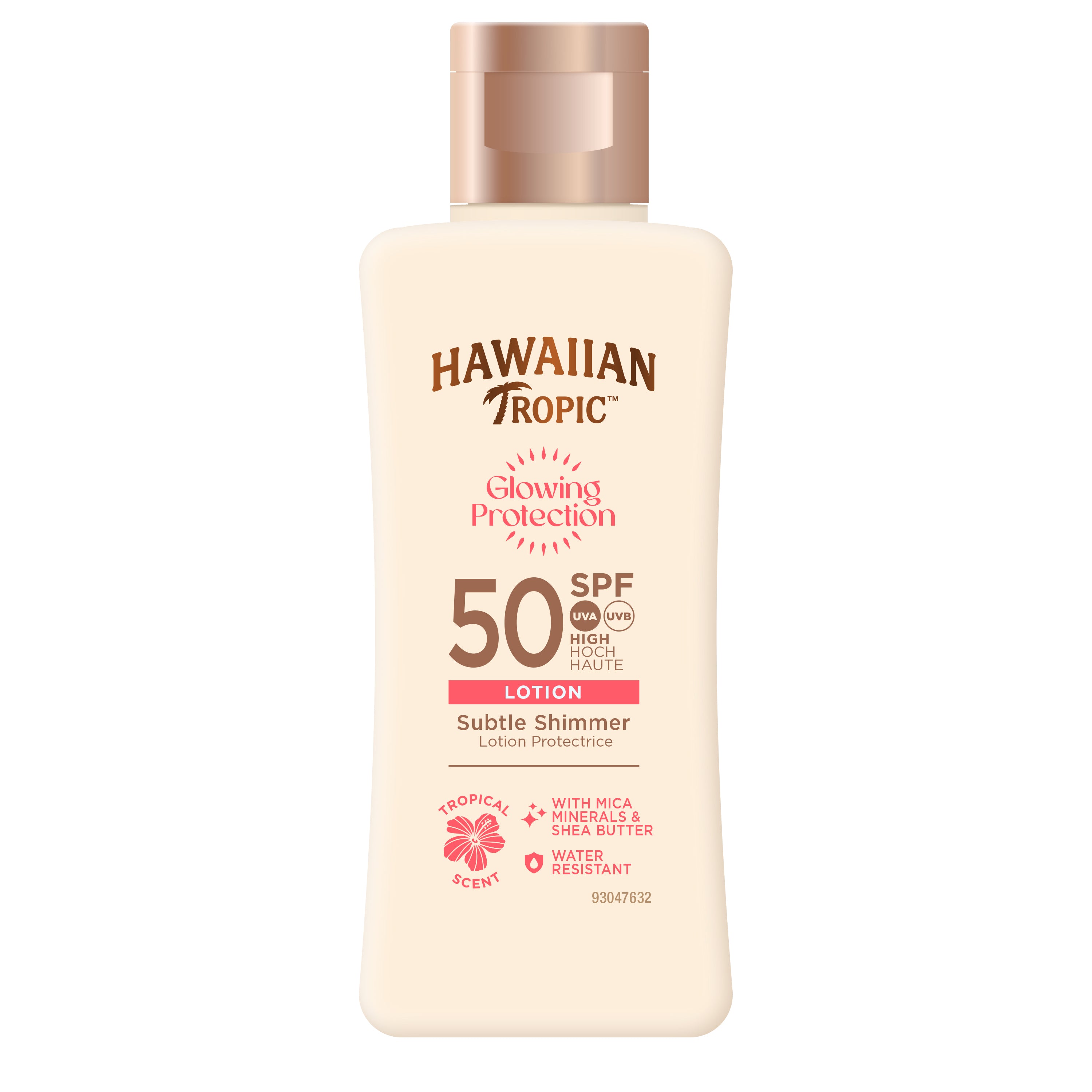 Protector Solar Corporal SPF 50 con Brillo Sutil, Loción Hidratante Resistente al Agua con Manteca de Karité y Aroma Tropical, Formato Viaje 75?ml