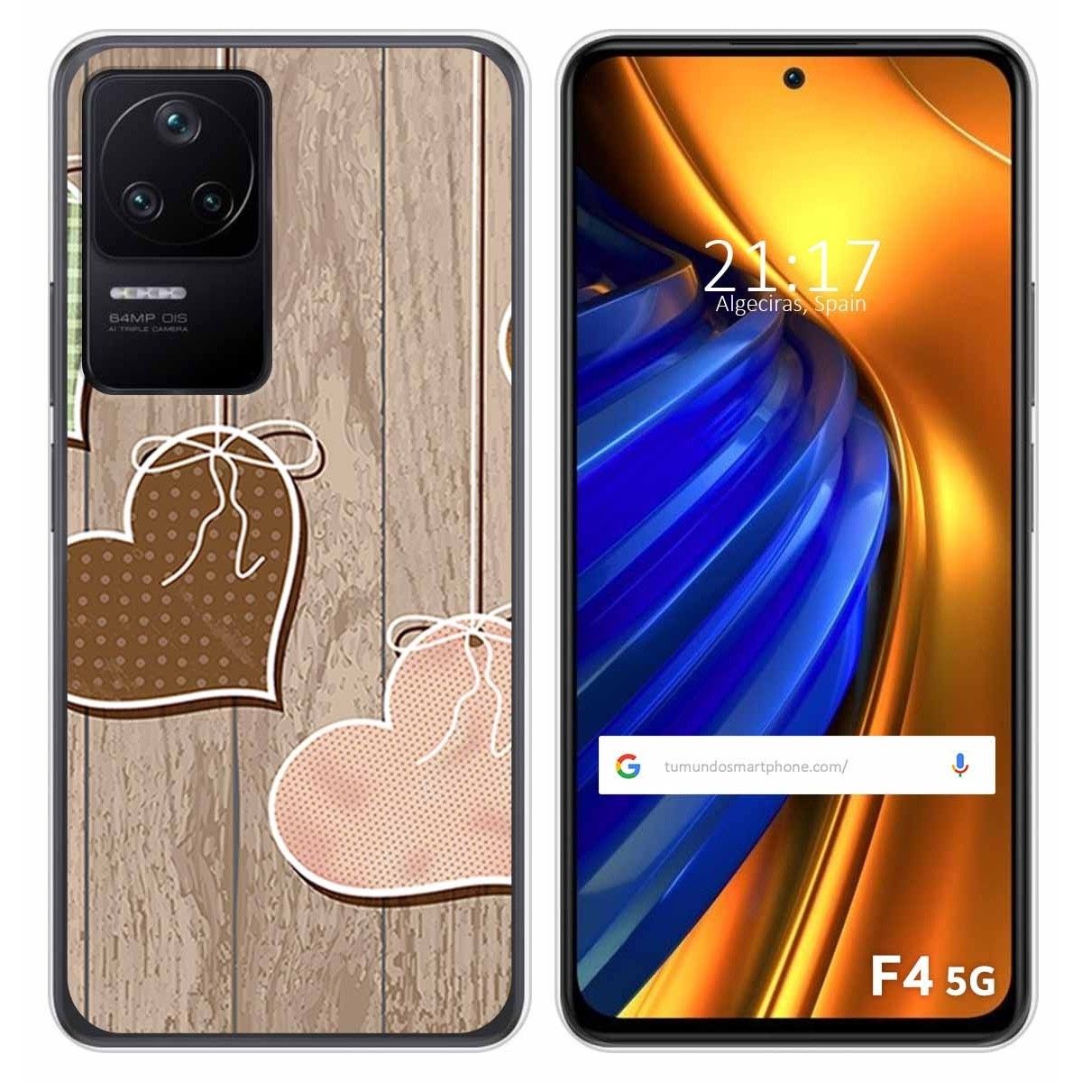Funda Silicona para Xiaomi Poco F4 5G diseño Corazones Madera Dibujos