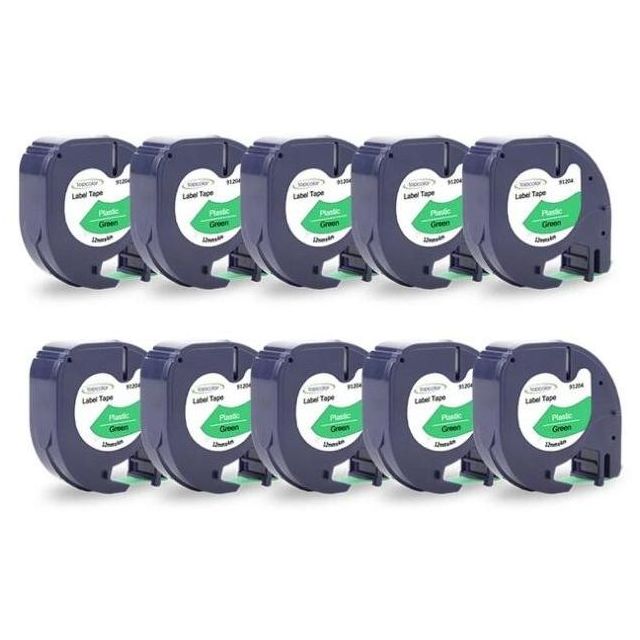 Dymo - 10 cintas Compatibles Dymo LetraTag 91204 S0721640 Cinta de Etiquetas para Rotuladora - Texto negro sobre fondo verde