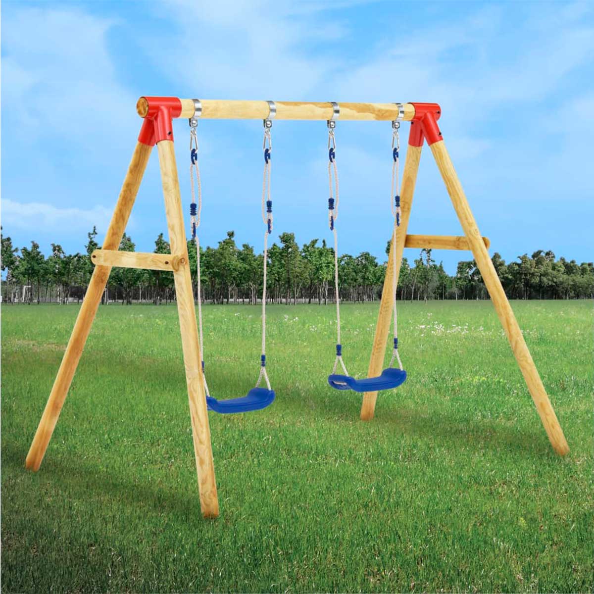 Columpio infantil de madera 2 asientos natural +3A 166x230x130 cm