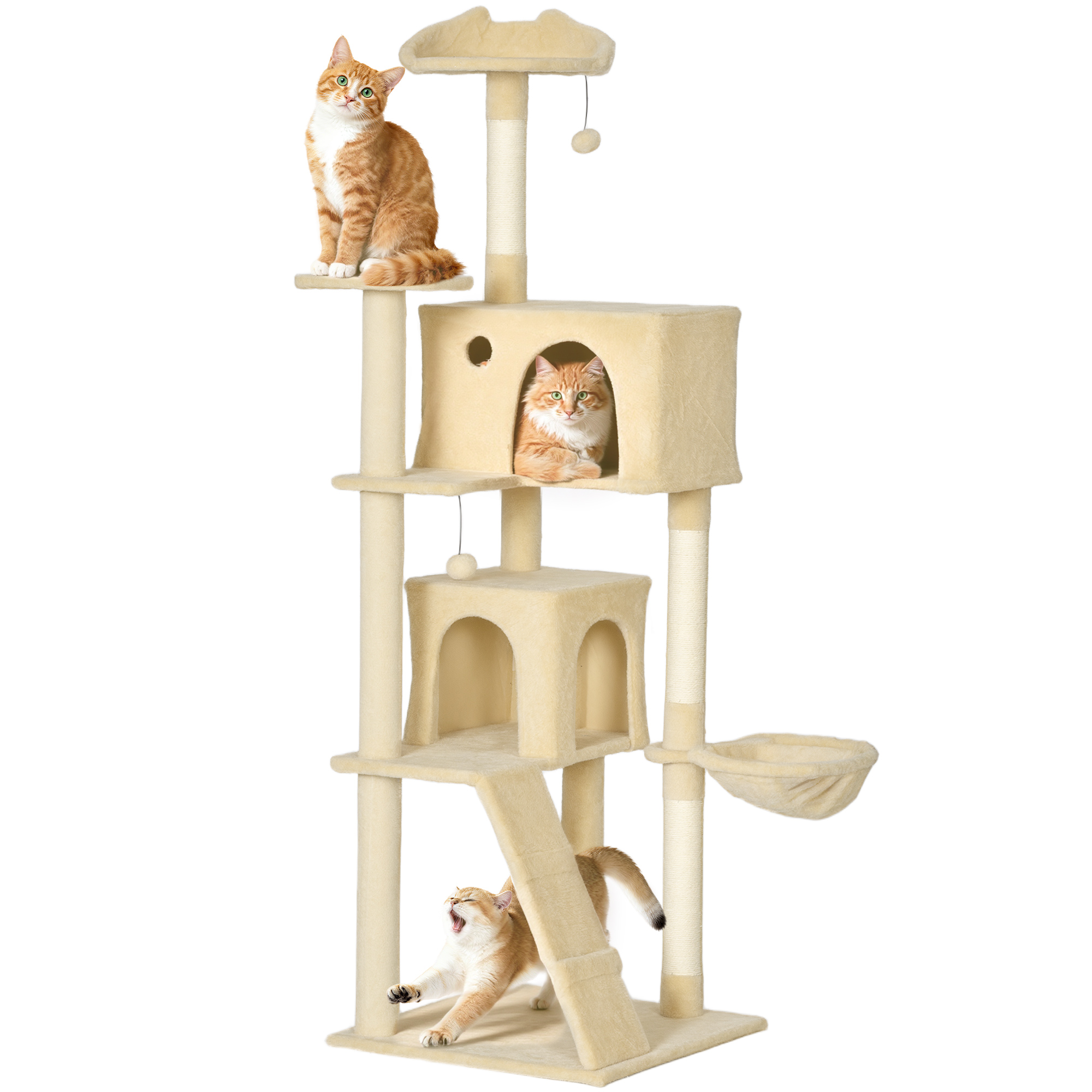 PawHut Árbol Rascador para Gatos, Árbol para Gatos, Torre Escalador con Múltiples Plataformas, Cama, 2 Cuevas, Hamaca, Escalera, Postes de Sisal, Bolas para Jugar