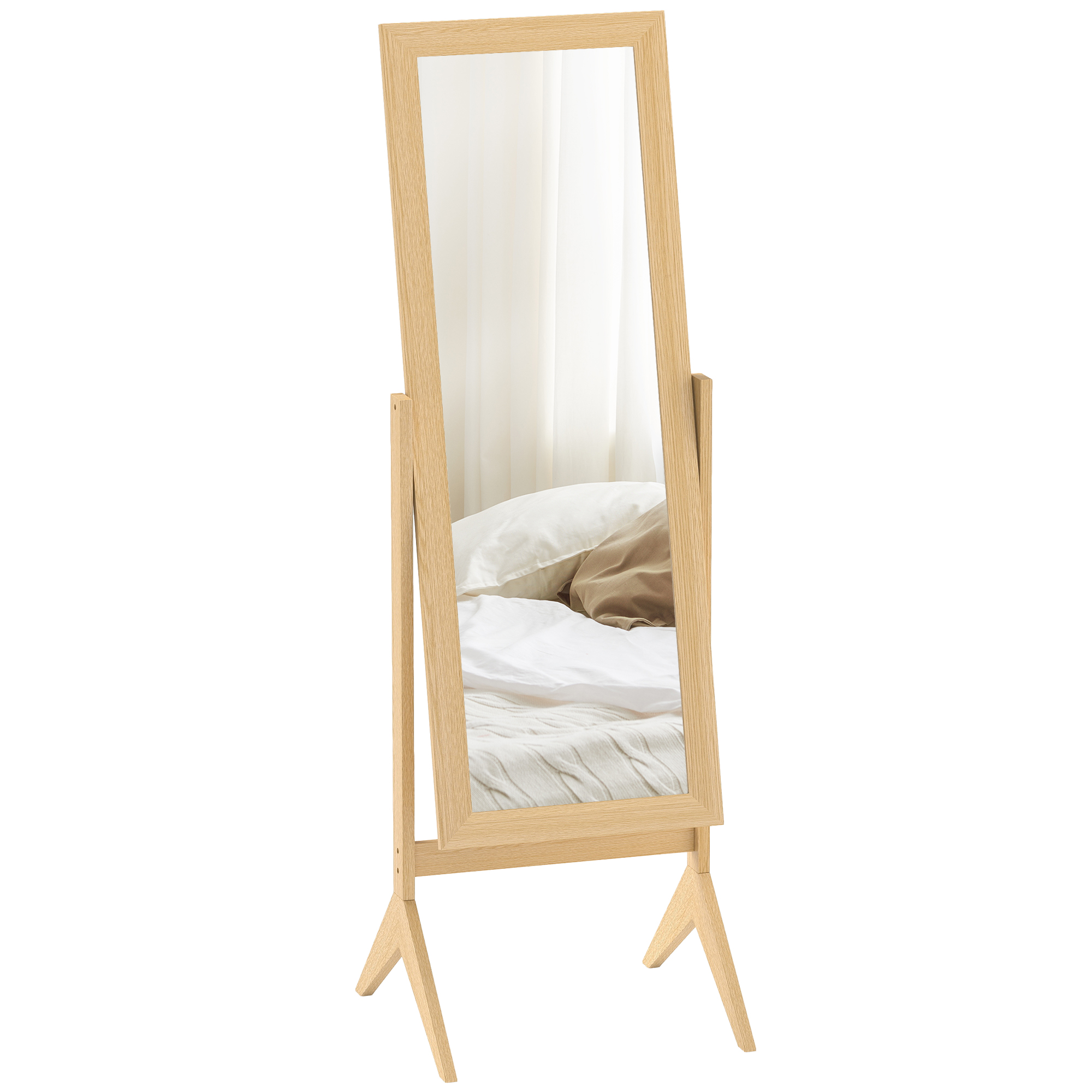 HOMCOM Espejo de Pie Cuerpo Entero Reclinable 47x46x148 cm, Espejo de Cuerpo Entero Independiente con Soporte y Marco rectangular, Para Dormitorio, Salón, Roble