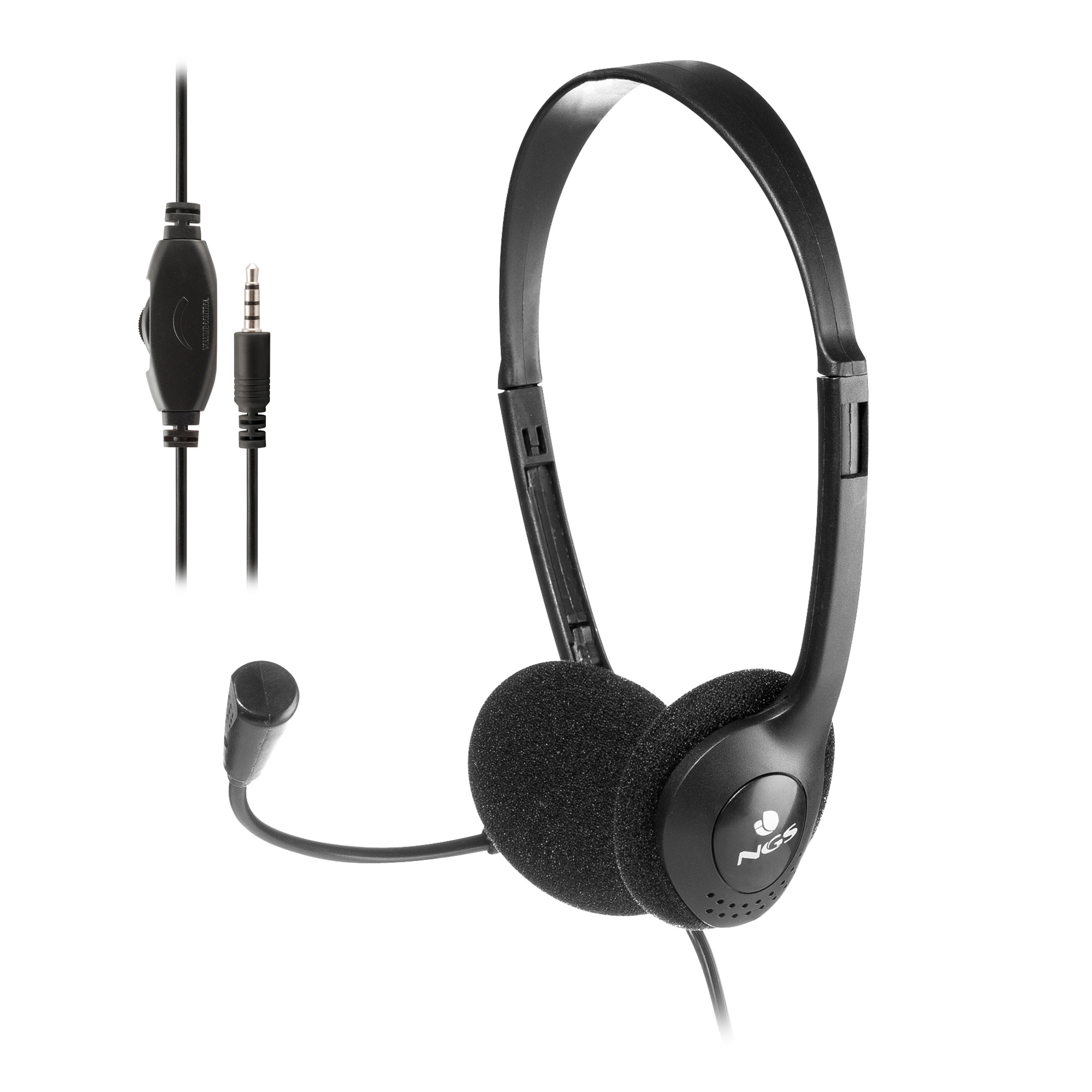 NGS MS 103 MAX: Auricular para ordenador con microfono y control de volumen. Jack 3,5 mm + adaptador a doble jack 3,5mm. Negro.