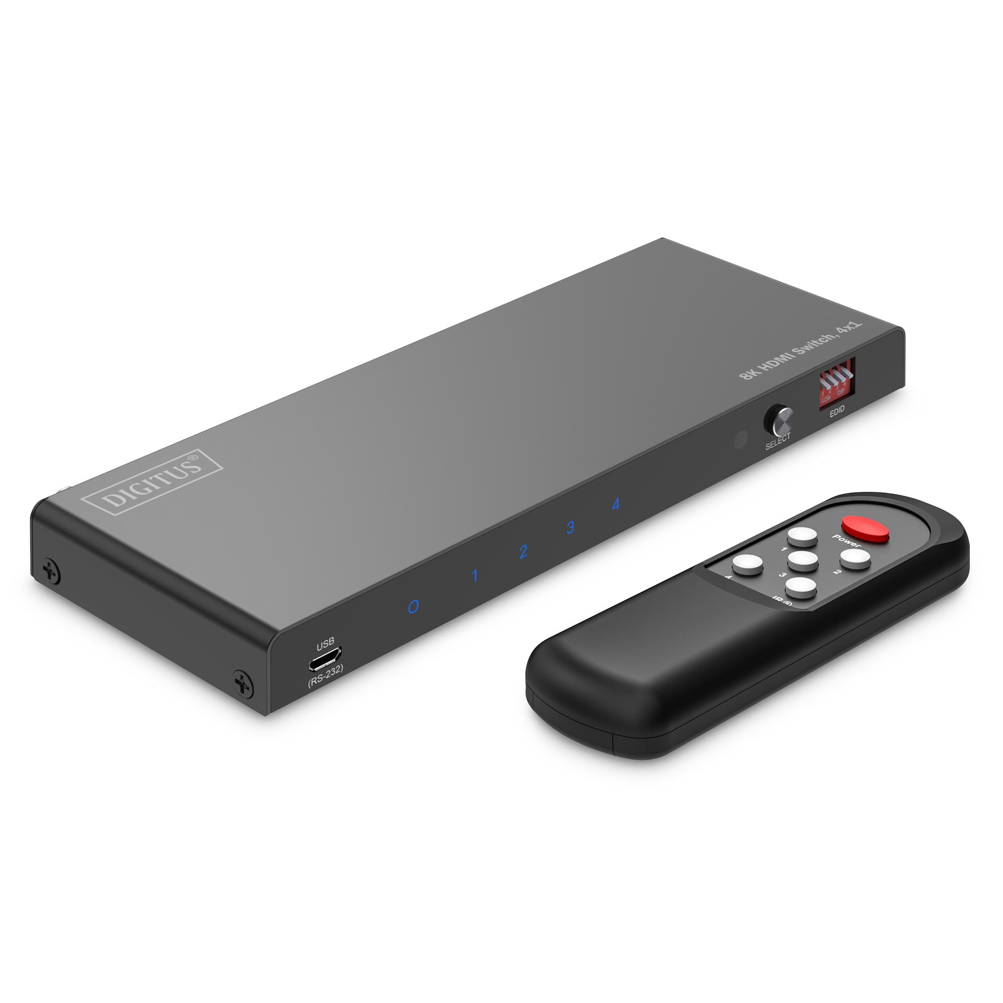 DIGITUS DS-55335 Conmutador HDMI 4x1 – 4 entradas 1 Salida – UHD 8K/60 Hz HDTV: 7680 × 4320p – HDCP 2.3 & HDMI 2.1 – HDR, CEC, Deep Color, DTS, Dolby Digital, LPCM – para TV, Monitor, PS5, PS4, Xbox