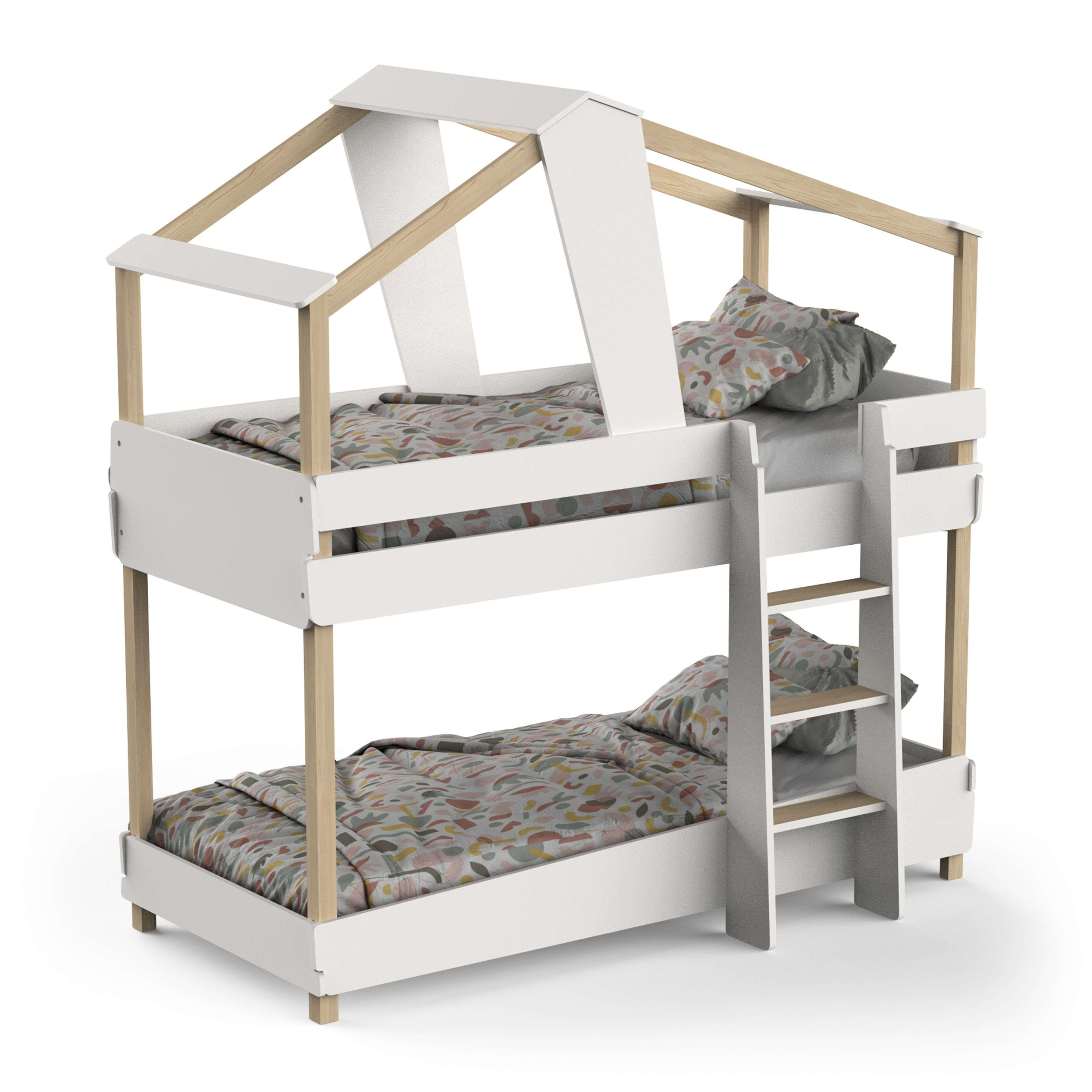 Miroytengo Litera Juvenil Infantil 90x190 cm Timber Color Blanco Mate y Beige en Forma de Cabaña, Mueble de Dormitorio