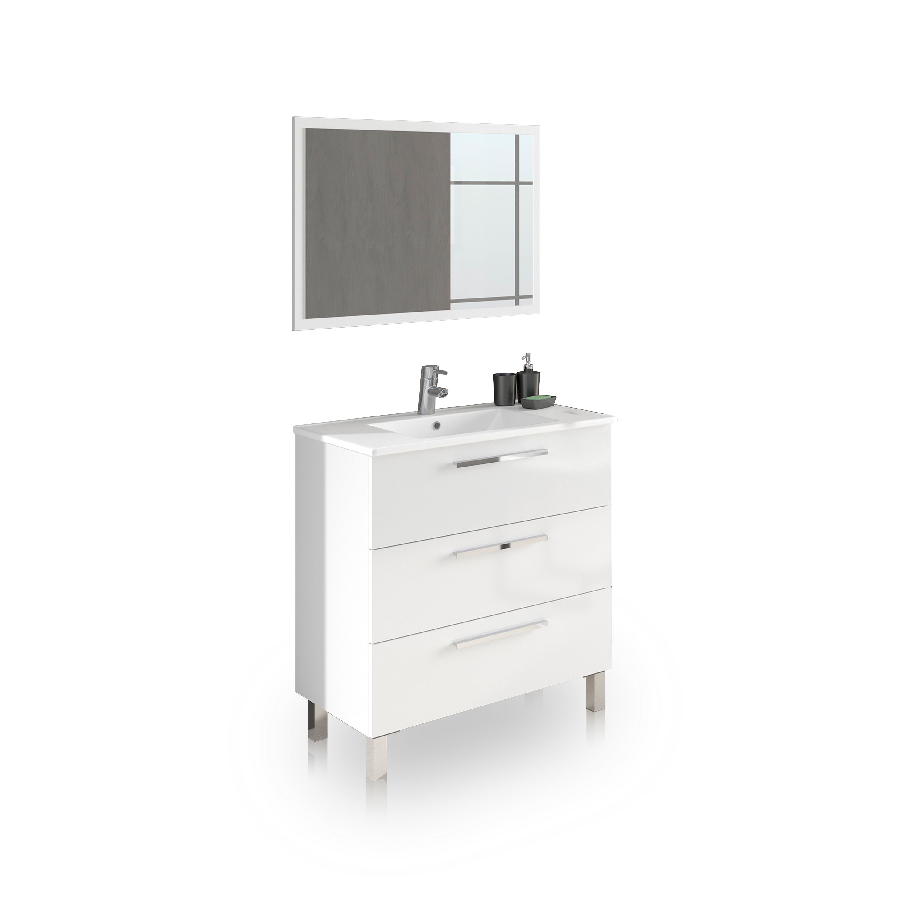 duehome - Mueble de baño de 3 cajones con espejo 80 cm Feel