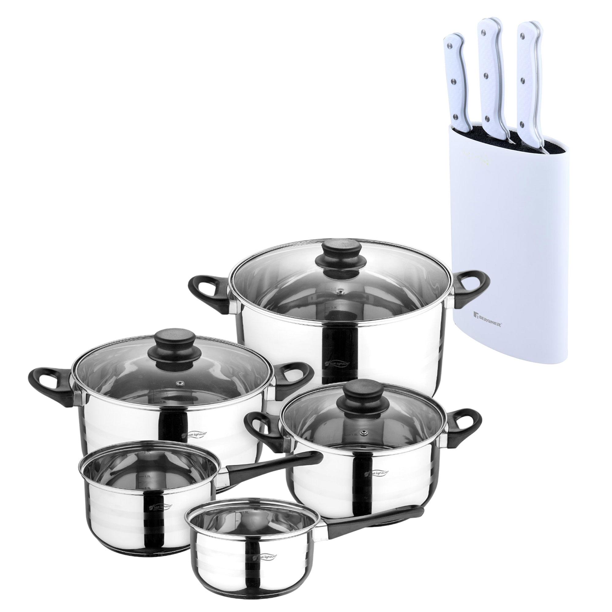Batería de cocina de ocho piezas San Ignacio+  Delantal de Cocina Gris oscuro 100% Algodón 75x80cm de talla única SMART MasterPRO