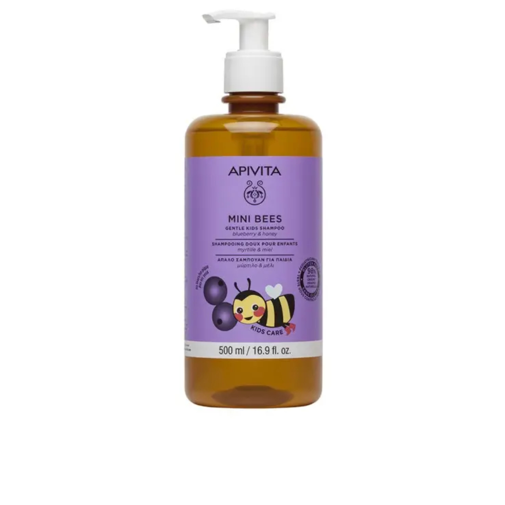 APIVITA MINI BEES · Champú Suave para Niños Arándano & Miel – 98% Natural. 500ml.