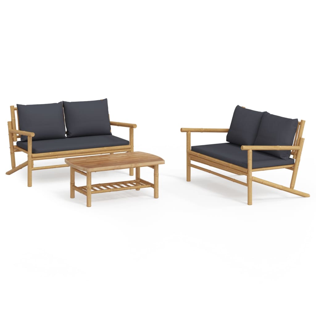 vidaXL Set de muebles de jardín 3 piezas bambú con cojines gris oscuro