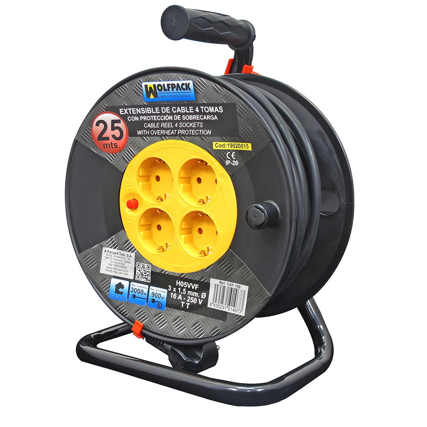 SANCO STORE - WOLFPACK LINEA PROFESIONAL Extensible Industrial 4 Tomas 25 Metros 3 x 1,5 mm. con Protección Sobrecarga