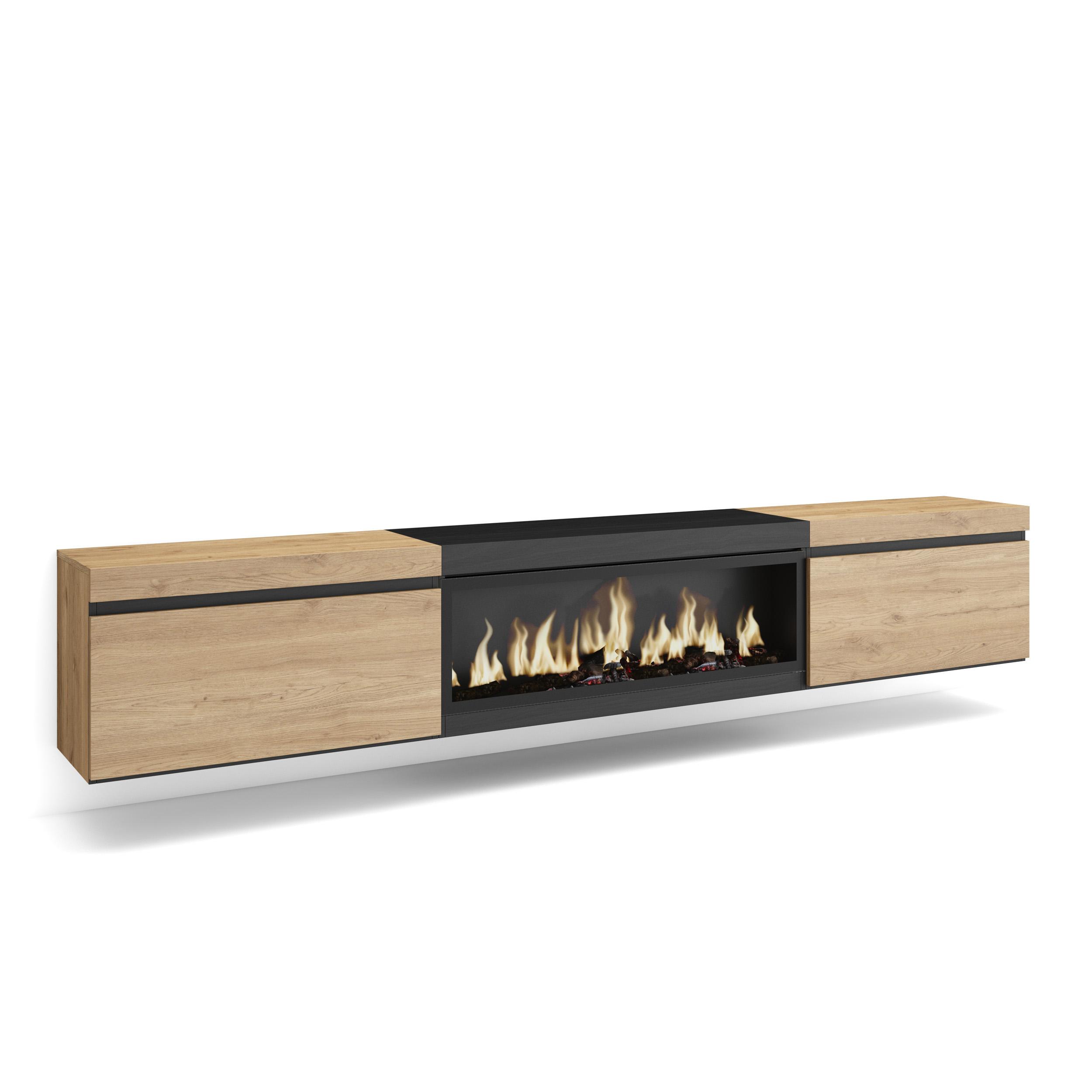 Skraut Home, Mueble TV, Muebles de salón con dos puertas para almacenaje, 267x35x45cm, Chimenea eléctrica XXL led efecto fuego 3d, Colgado