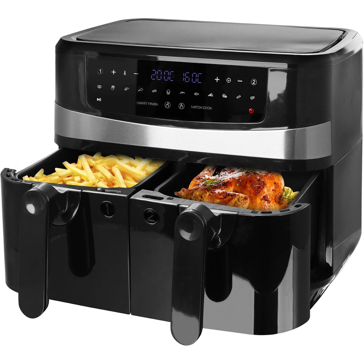Freidora de Aire sin aceite Emerio AF-126672, Air fryer capacidad 4,5L+4,5L, Potencia 2400W, Dos cestas independientes, Pantalla digital, 12 programas, Termostato regulable 50-200ºC, Sync Finish (cestas terminan al mismo tiempo), Apto lavavajilas, sin BPA