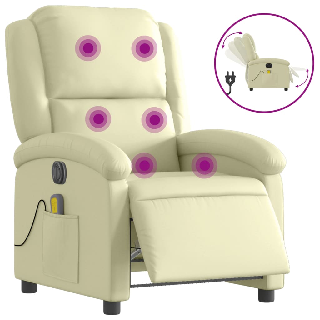 vidaXL Sillón reclinable de masaje eléctrico cuero auténtico crema
