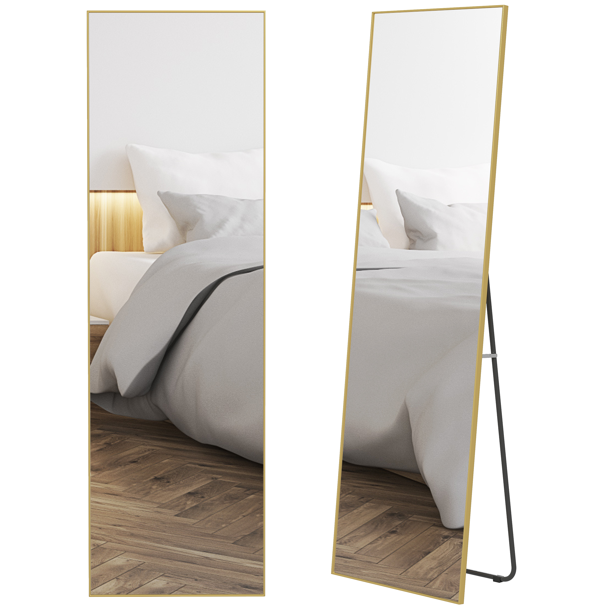 HOMCOM Espejo de Pie Cuerpo Entero 161,5x50 cm con Marco de Aleación de Aluminio Espejo Pared Rectangular con 2 Formas de Uso para Pasillo Dormitorio Salón Vestuario Dorado