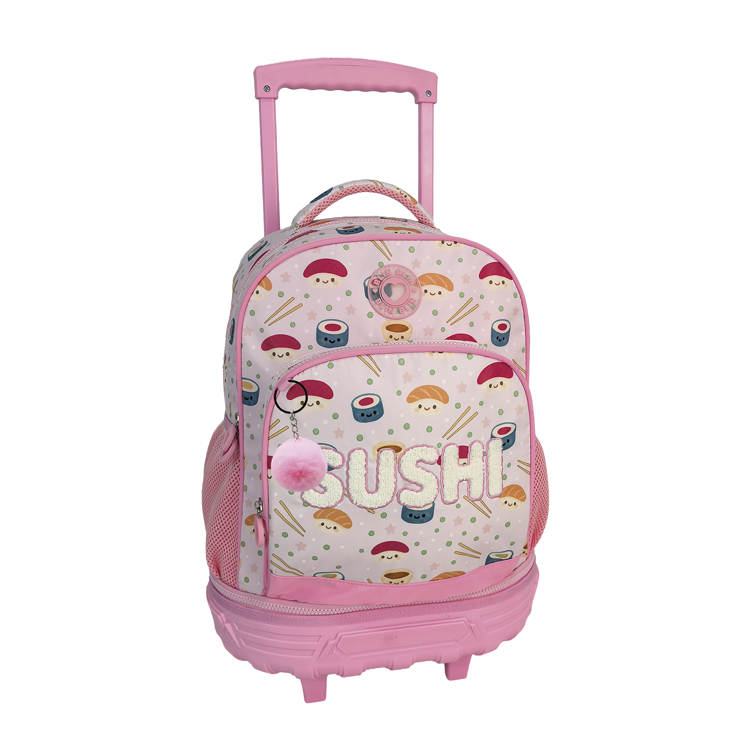 Trolley Fijo Compacto Doble Cuerpo Gran Capacidad Blin Blin Sushi. Espaldera y tirantes ajustables y acolchados. Con accesorio pom pom.