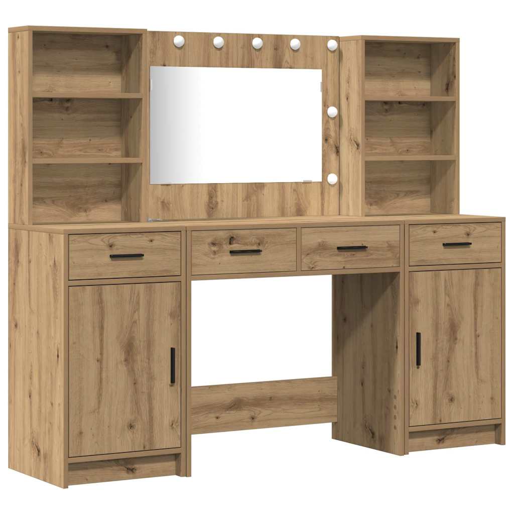Conjunto de mesa de vestidor con LED 3 pcs Roble artesanal