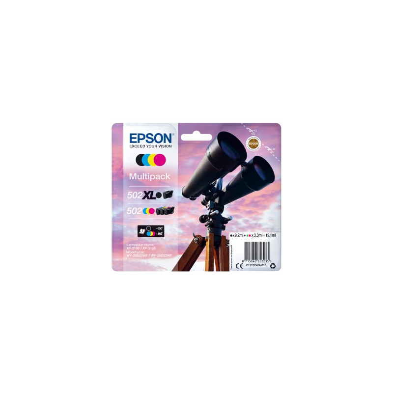 Epson - 502 XL cartucho de tinta 4 pieza(s) Original Alto rendimiento (XL) Negro, Azul, Magenta, Amarillo C13T02W94010