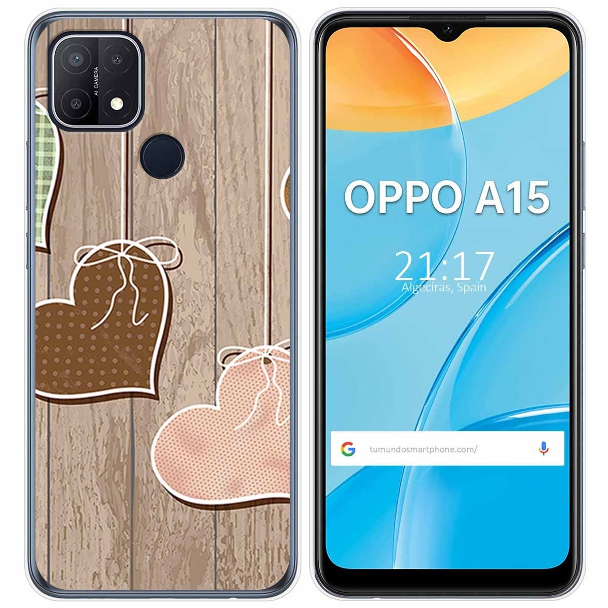 Tumundosmartphone Funda Gel Tpu para Oppo A15 diseño Corazones Madera Dibujos