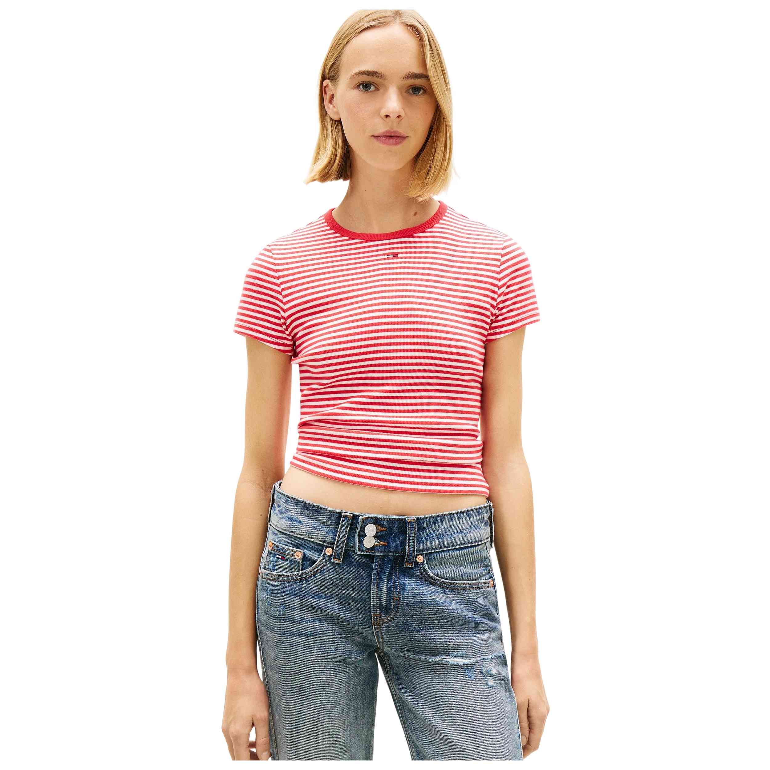 Camiseta De Manga Corta Tommy Hilfiger modelo TJW SLIM ESSENTIAL RIB SS EXT para Mujer en color Rojo
