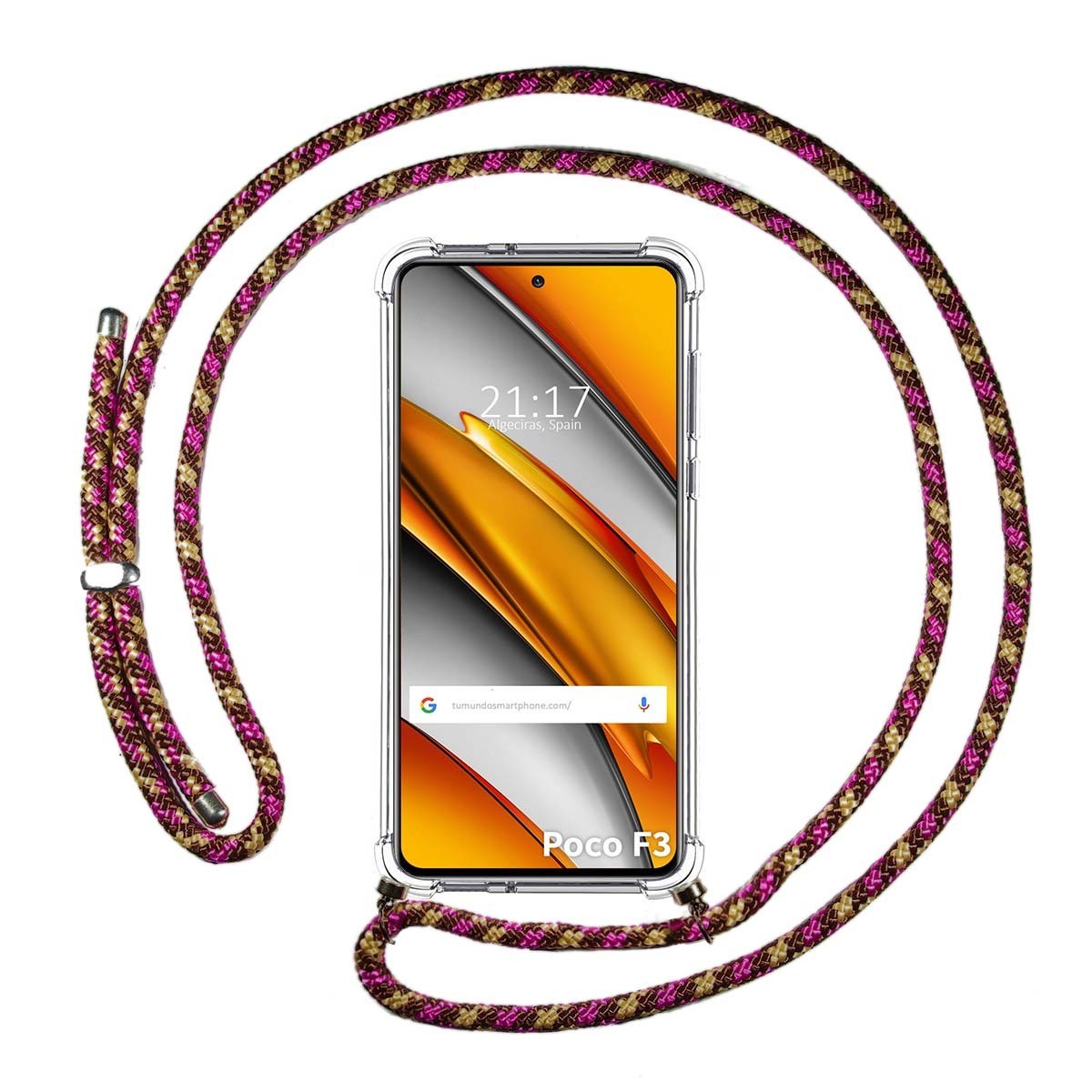 Tumundosmartphone Funda Colgante Transparente para Xiaomi POCO F3 5G / Mi 11i 5G con Cordon Rosa / Dorado