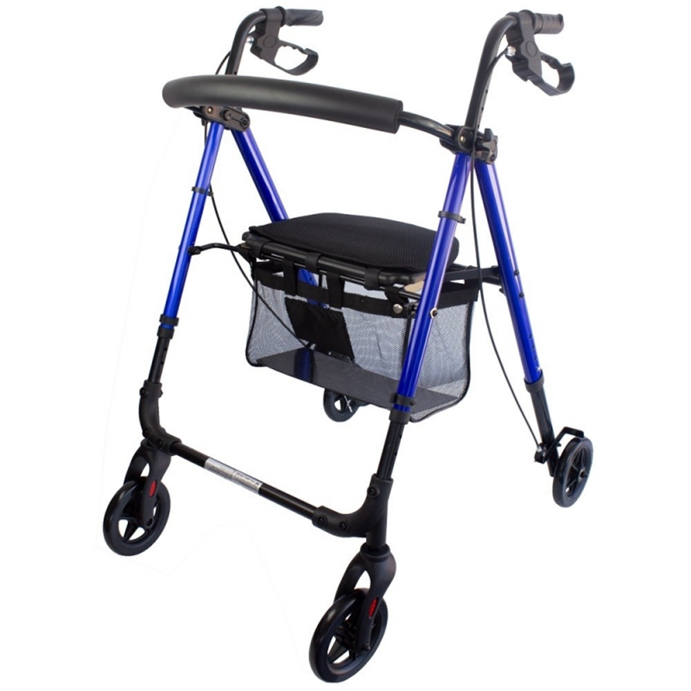 Mobiclinic® Andador para adultos Plegable Ligero De aluminio Ligero Regulable patas y asiento Con asiento y 4 ruedas Con sujeta bastones Con cesta Regulable Augusto Azul