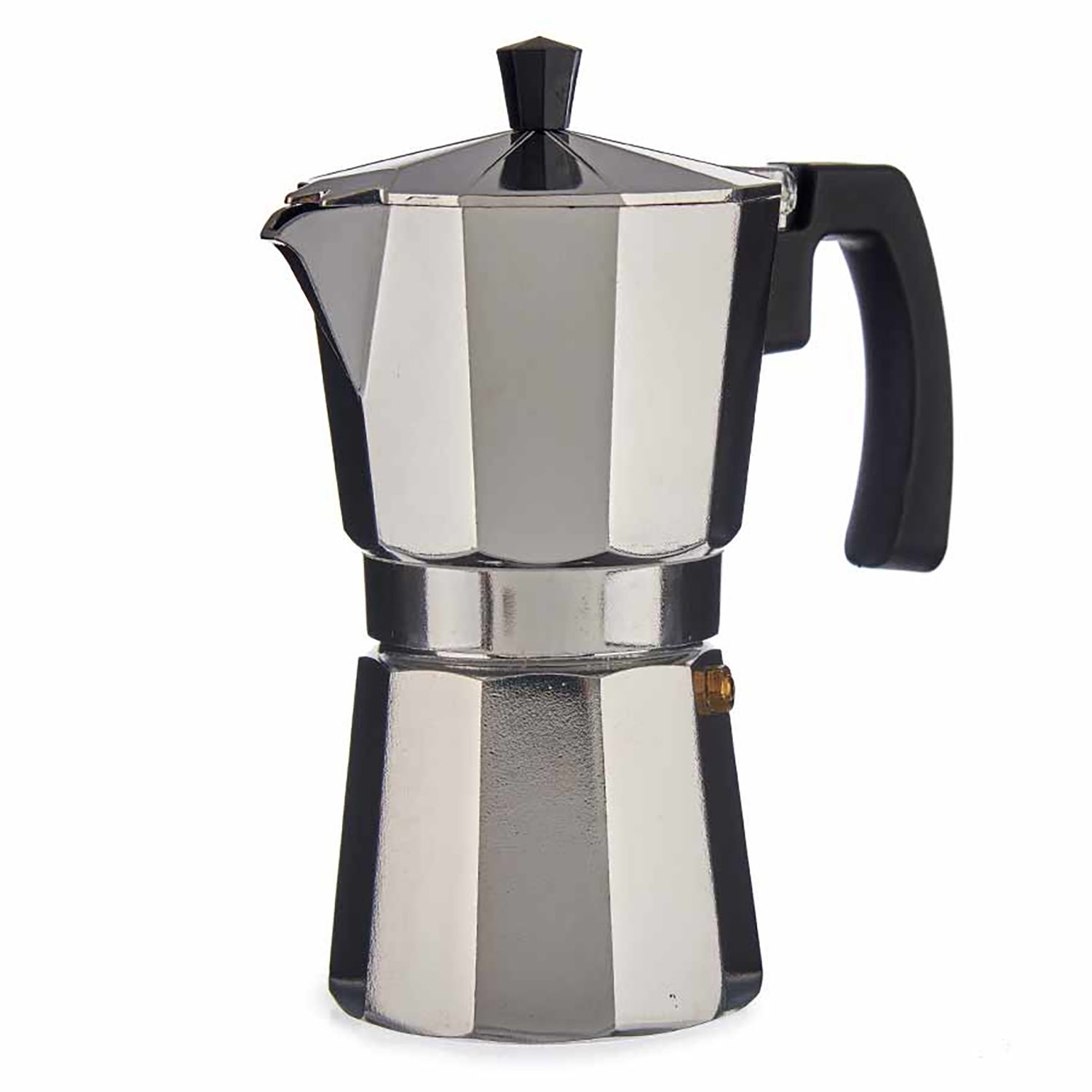 DAM. Cafetera de aluminio con asa y capacidad de 450ml para 9 tazas. 11x19x22 cm.