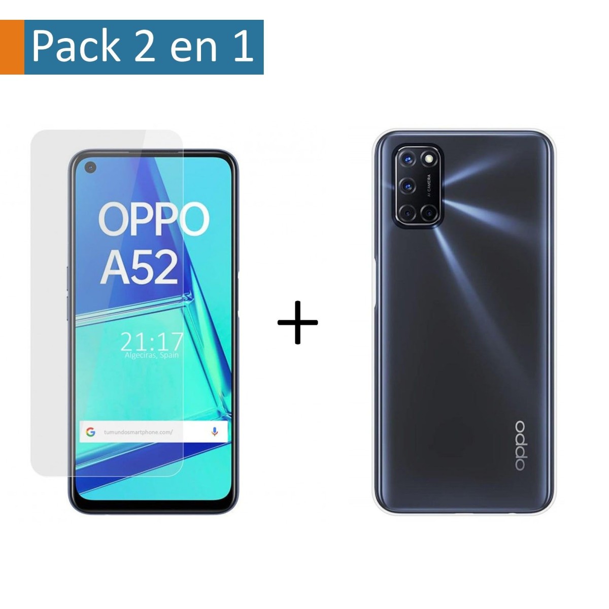 Tumundosmartphone Pack 2 en 1 Funda Gel Transparente + Protector Cristal Templado para Oppo A52 / A72 - Protección Completa