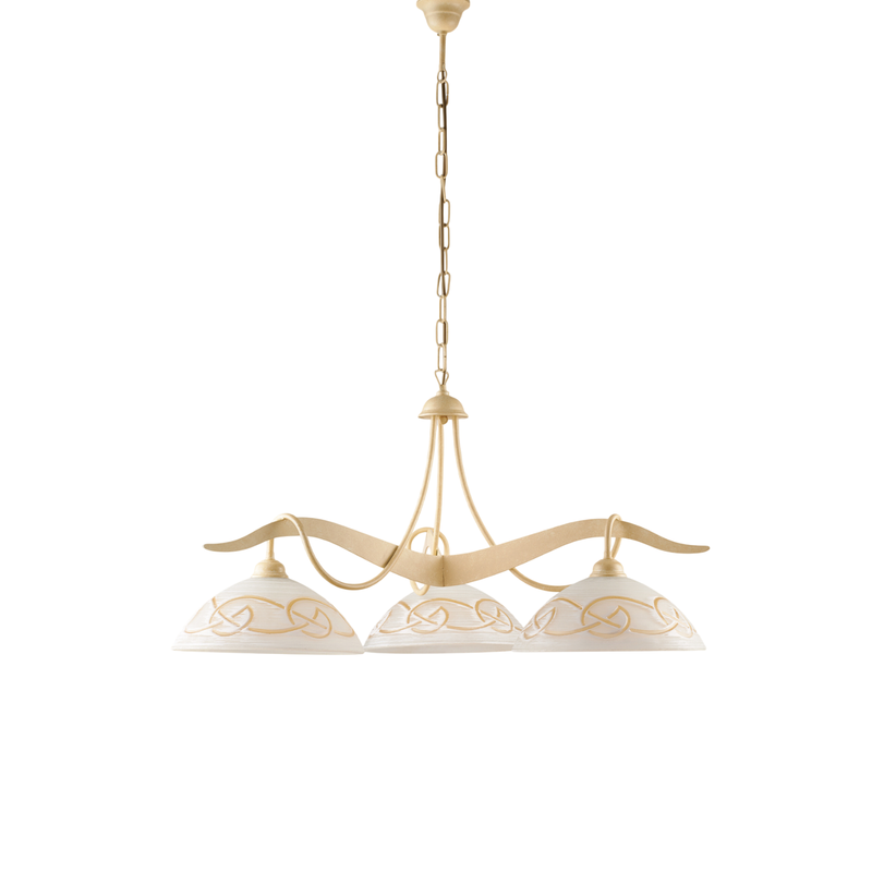 Bilbao - Lámpara de hierro lacado en marfil con decoración. Efecto decapé y difusores de cristal d. 30 blanco y ámbar 3 luces 106 - Ø89 - Belight