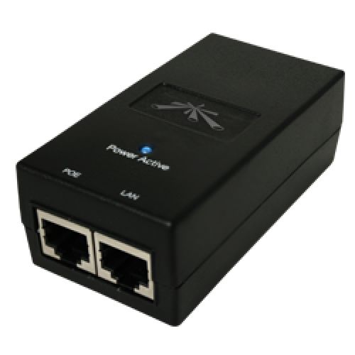 Ubiquiti - Inyector PoE POE-24-12W-G para alimentación de cámaras y puntos de acceso mediante Ethernet, salida 24V/0.5A, entrada universal 90–260V, diseño compacto 84x87x29.2 mm y protección contra sobretensiones