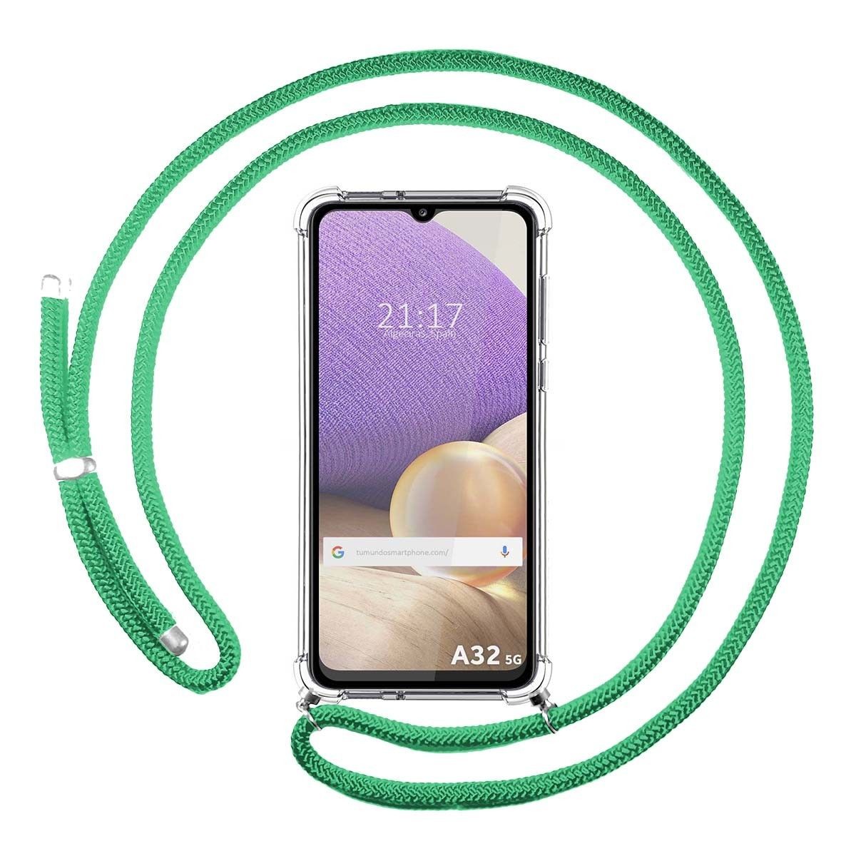 Tumundosmartphone Funda Colgante Transparente para Samsung Galaxy A32 5G con Cordon Verde Agua