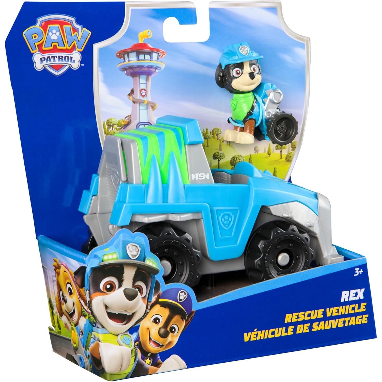 Paw Patrol Patrulla Canina - Coche Dino Rescue + Figura Rex Coche de 15 cm con 1 Figura Rex - Juguetes Niños 3 Años + (Spin Master 6071216)