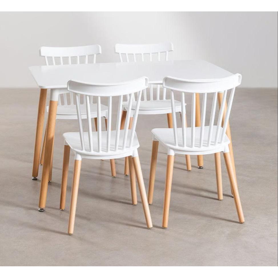 ORION91 Conjunto ALCIONE Mesa Rectangular (120x80x75 cm) + 4 Sillas Color Blanco Patas Haya (83x48x52,5 cm) Comedor Oficina Salón Teletrabajo Cocina - SpazioLuzio
