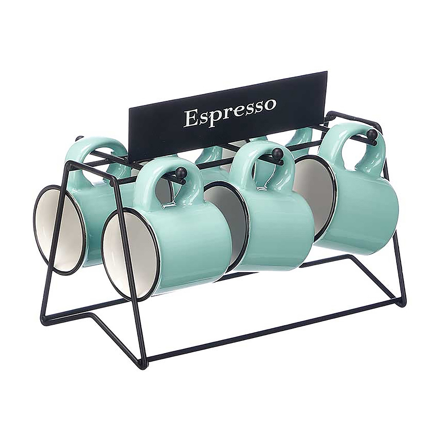 DAM.Set de 6 tazas verde menta para café de porcelana con soporte de metal. 100 ml de capacidad. 8x8x10cm