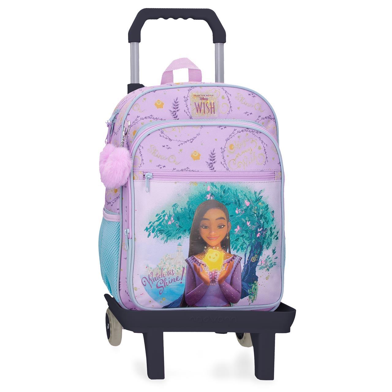 Mochila escolar con carro Disney Wish watch us shine malva