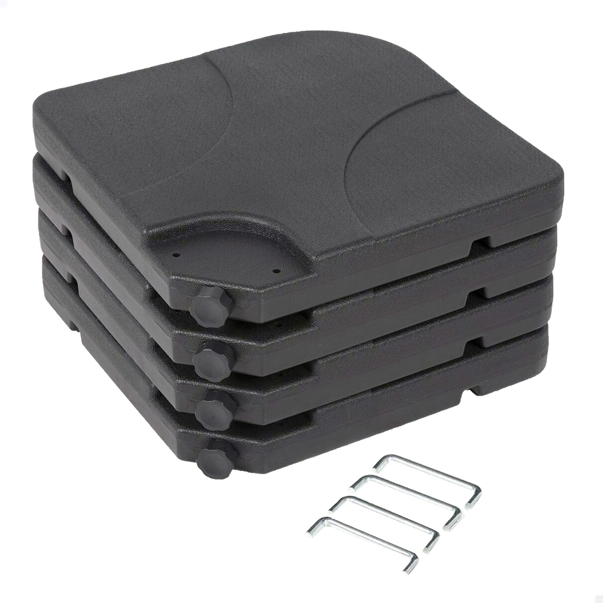 Aktive - Base parasol rellenable para sombrilla, 4 piezas de HDPE negro de 50x50x7,5 cm, hasta 80 kg con arena o 60 L de agua, con asas y sistema de fijación