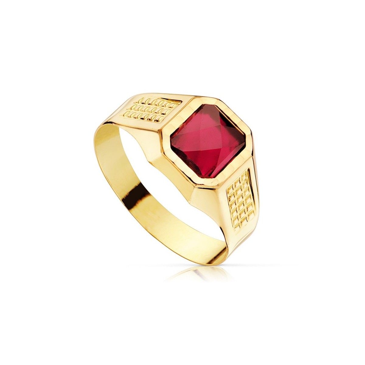 Sello oro 18k infantil hueco piedra espinela roja 7x6mm. tallado niño