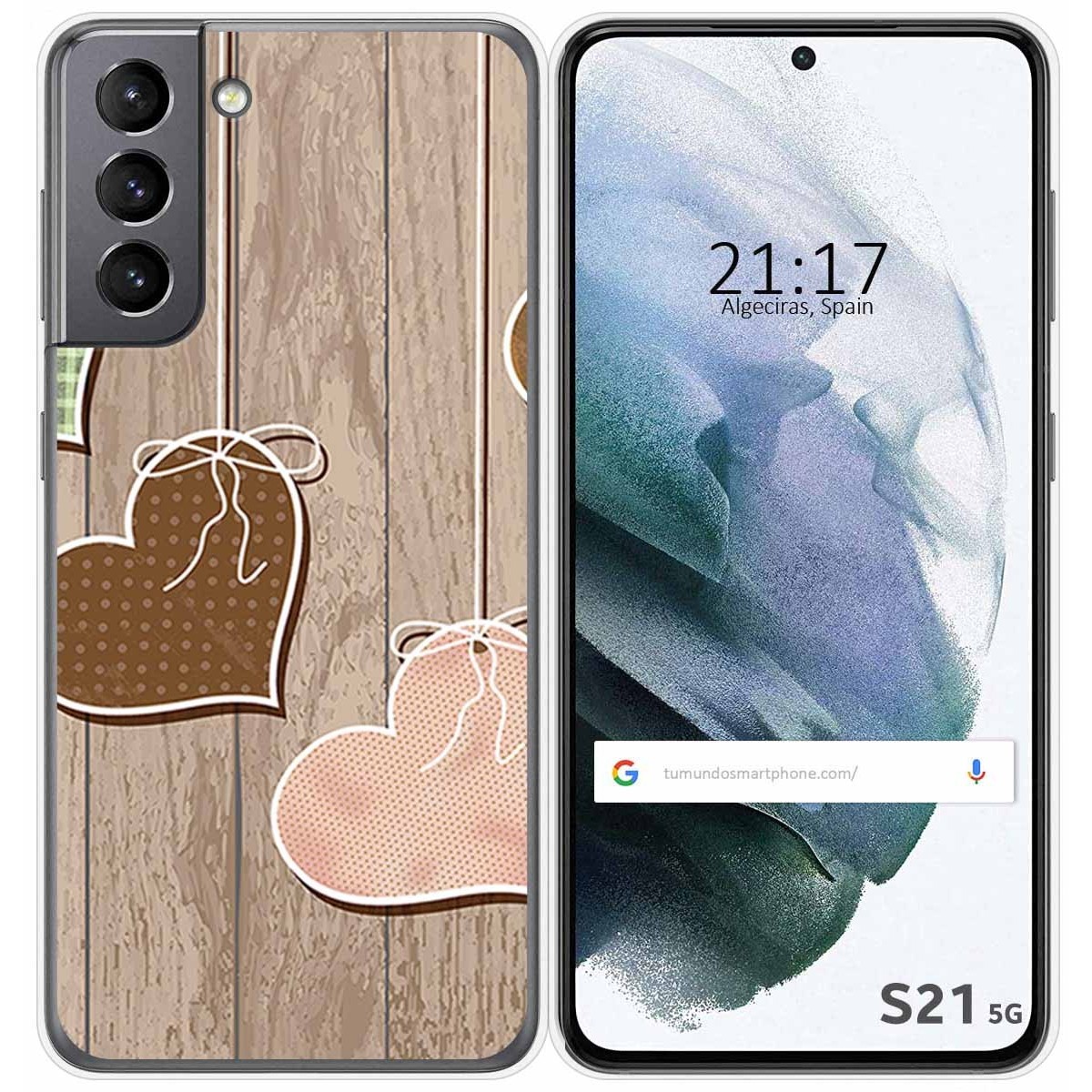 Tumundosmartphone Funda Gel Tpu para Samsung Galaxy S21 5G diseño Corazones Madera Dibujos