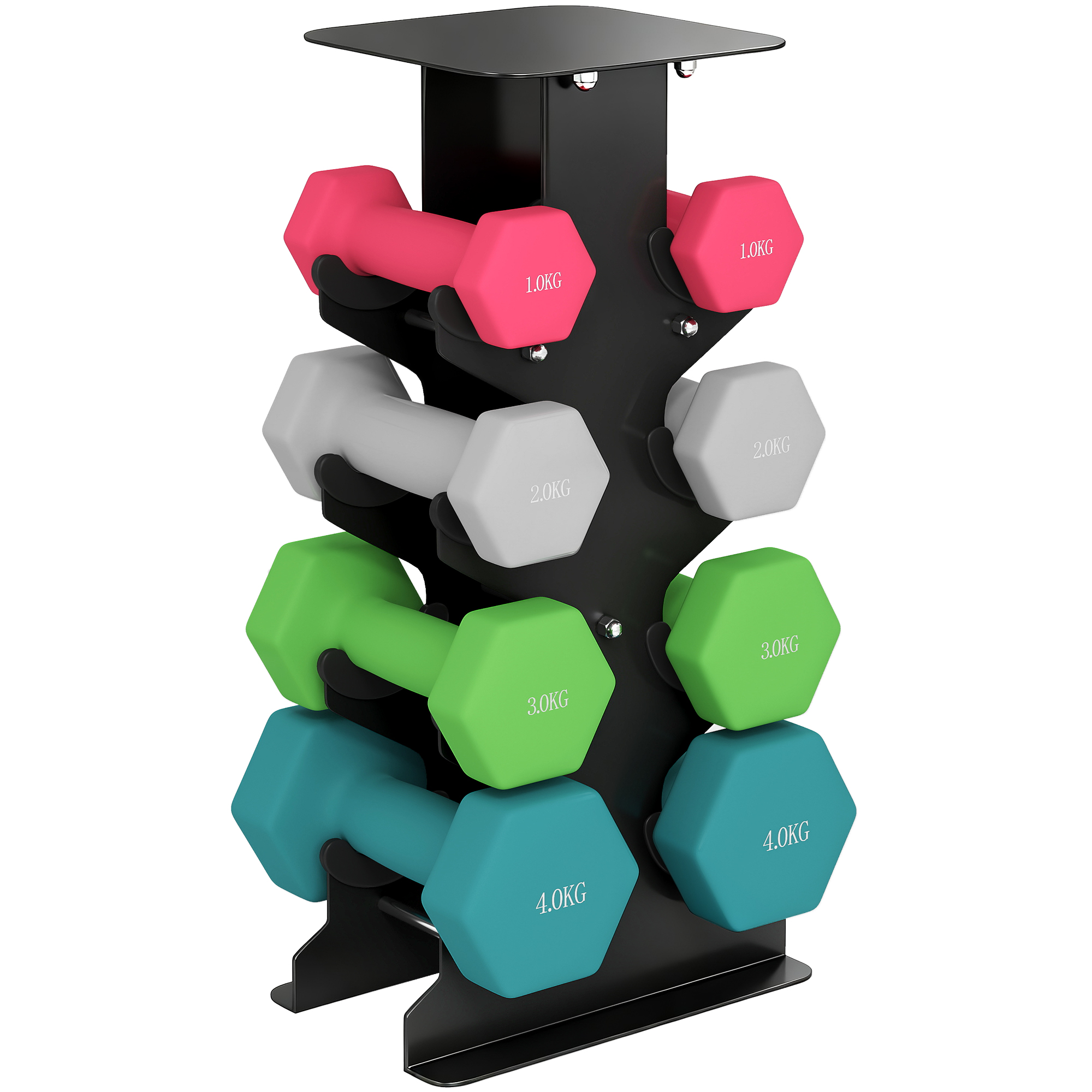SPORTNOW Juego de Mancuernas de 8 Piezas 20 kg, Mancuernas Hexagonales 2x1kg, 2x2kg, 2x3kg, 2x4kg, con Soporte de Almacenamiento y Mango Recto para Entrenamiento de Fuerza en Casa Gimnasio, Multicolor