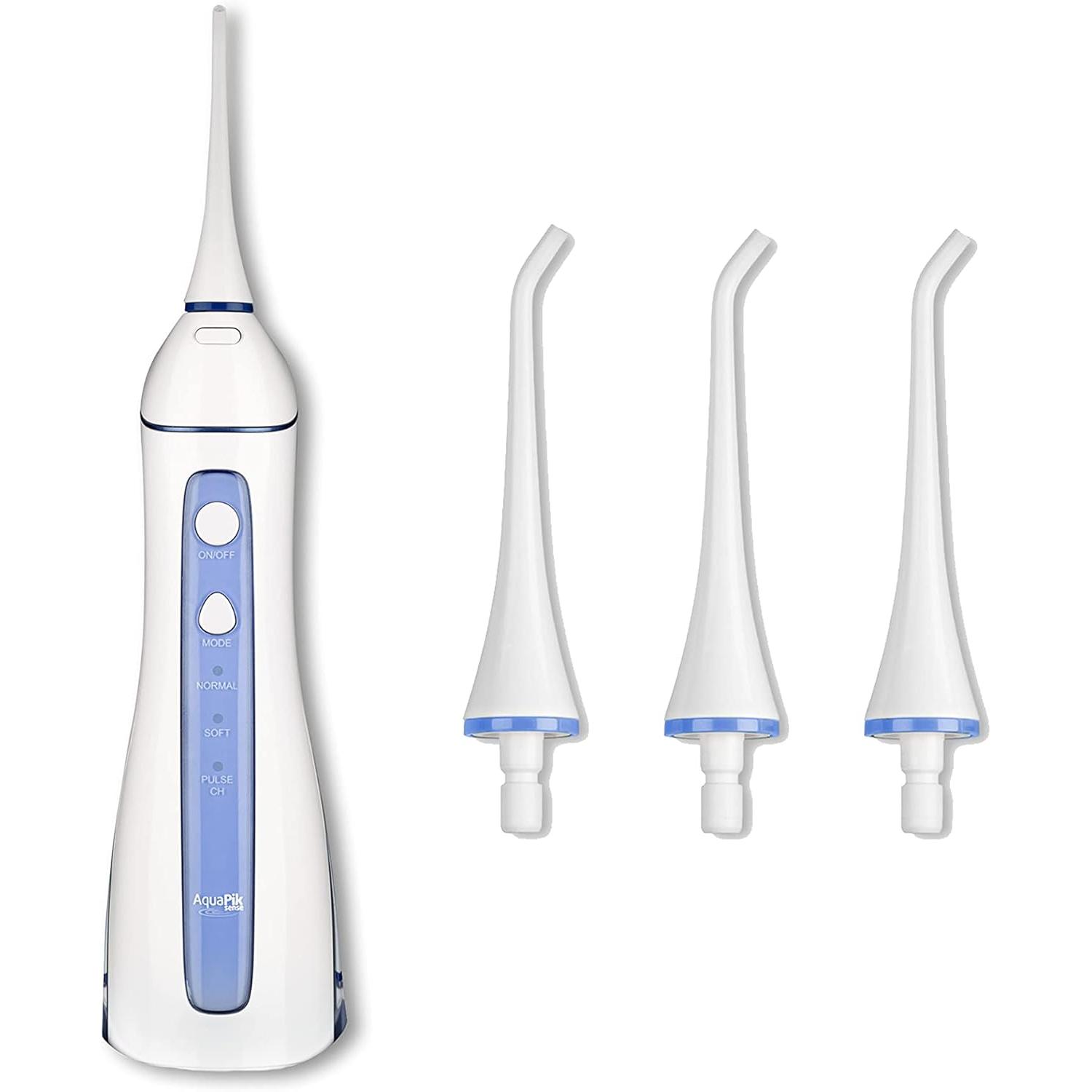 Aquapik Sense: Irrigador dental portátil recargable sin cables, con 3 puntas incluyendo punta para cepillado bucal, 3 modos de presión y funcionalidad, potente. Máxima limpieza e higiene bucal