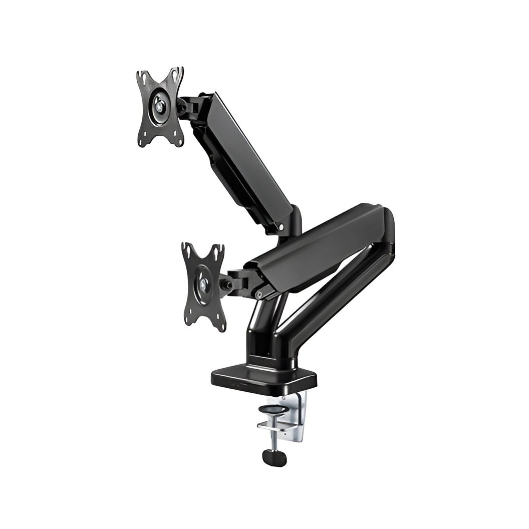 Goobay 58531 monitor support for 17-32 inch screens, black, desk-mounted, supports up to 9 kg, VESA compatible with height and tilt adjustments for ergonomic use, perfect for dual screen setups.