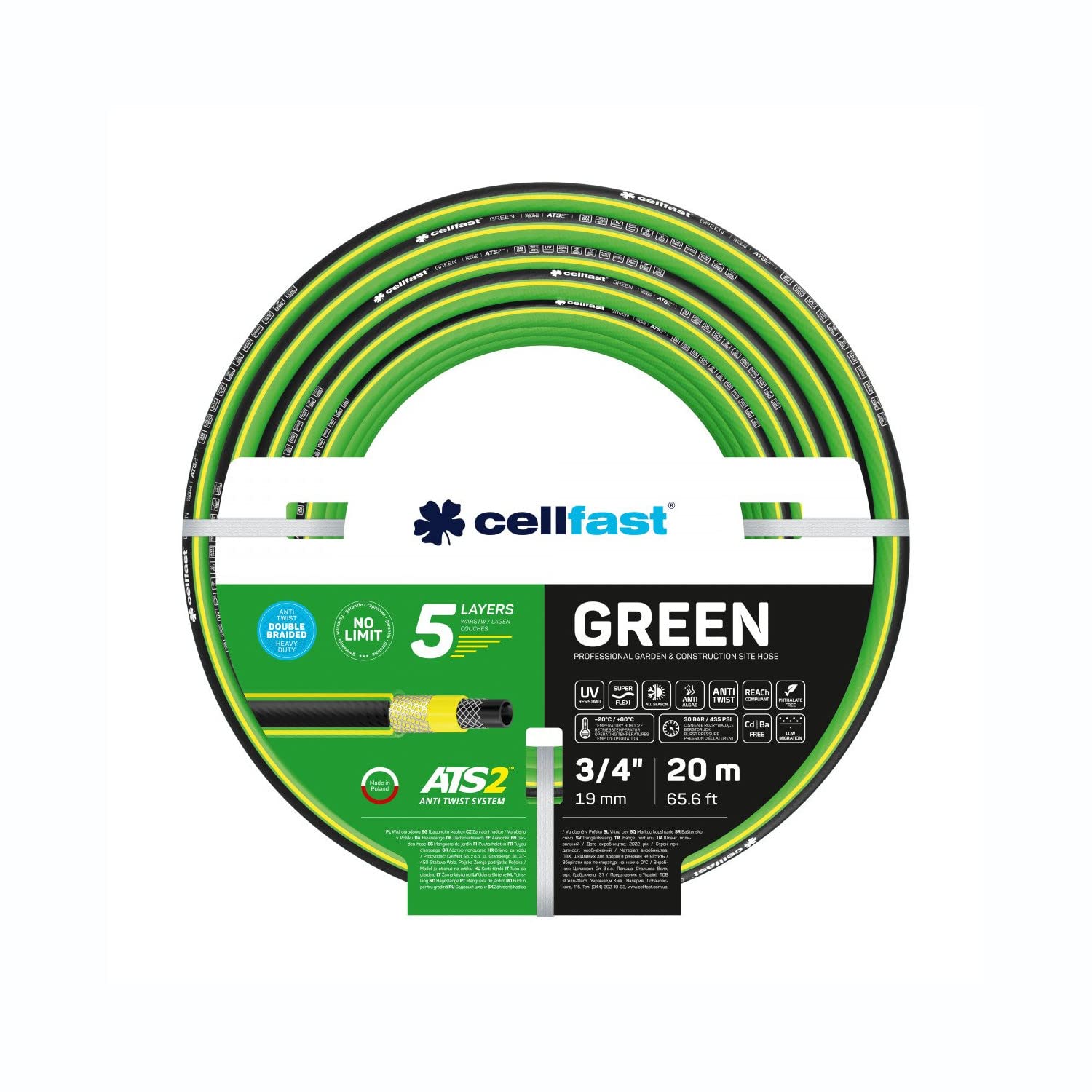 Cellfast garden hose green ATS2 3/4" 20m, kink resistant, 5-layer construction, UV resistant, food-safe materials for efficient watering in all weather conditions.