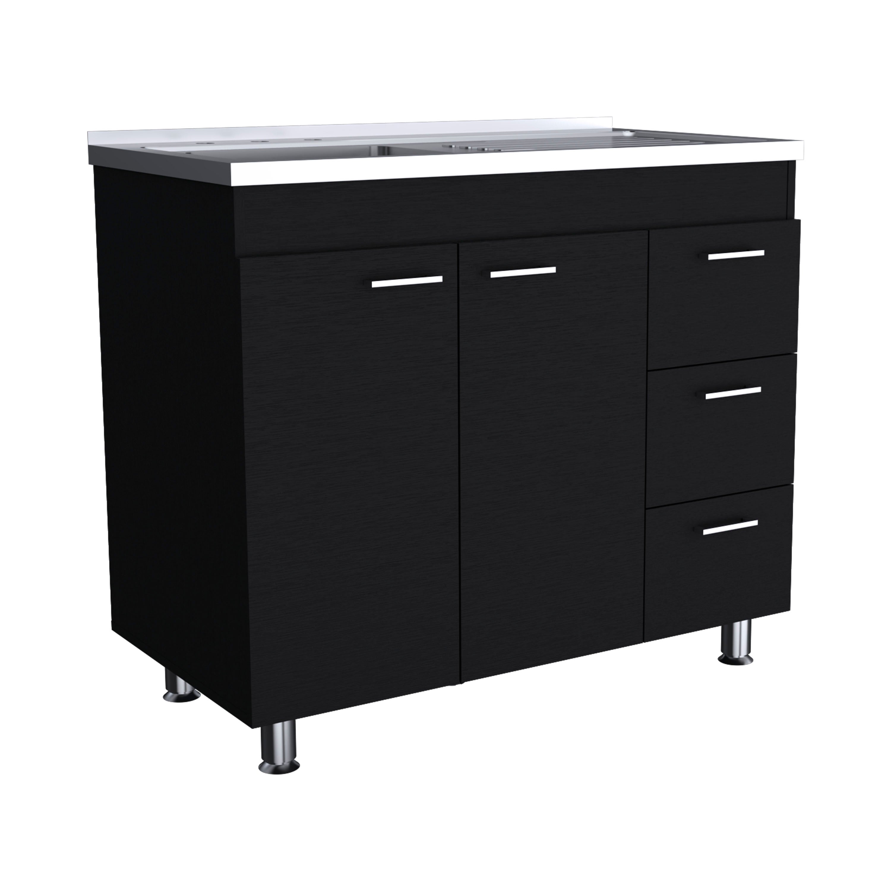 TUHOME Mueble Base Ferreti en Melamina con 3 Cajones, 2 Puertas y Encimera de Acero Inoxidable, Negro - 90 cm X 100 cm X 52.5 cm