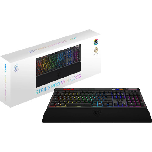 MSI Strike Pro Wireless ES - Teclado Gaming mecánico silencioso, interruptores táctiles silenciosos, Intercambiables en Caliente, Teclas PBT, 2.4GHz, Bluetooth, luz mística RGB por tecla, 4200mAh