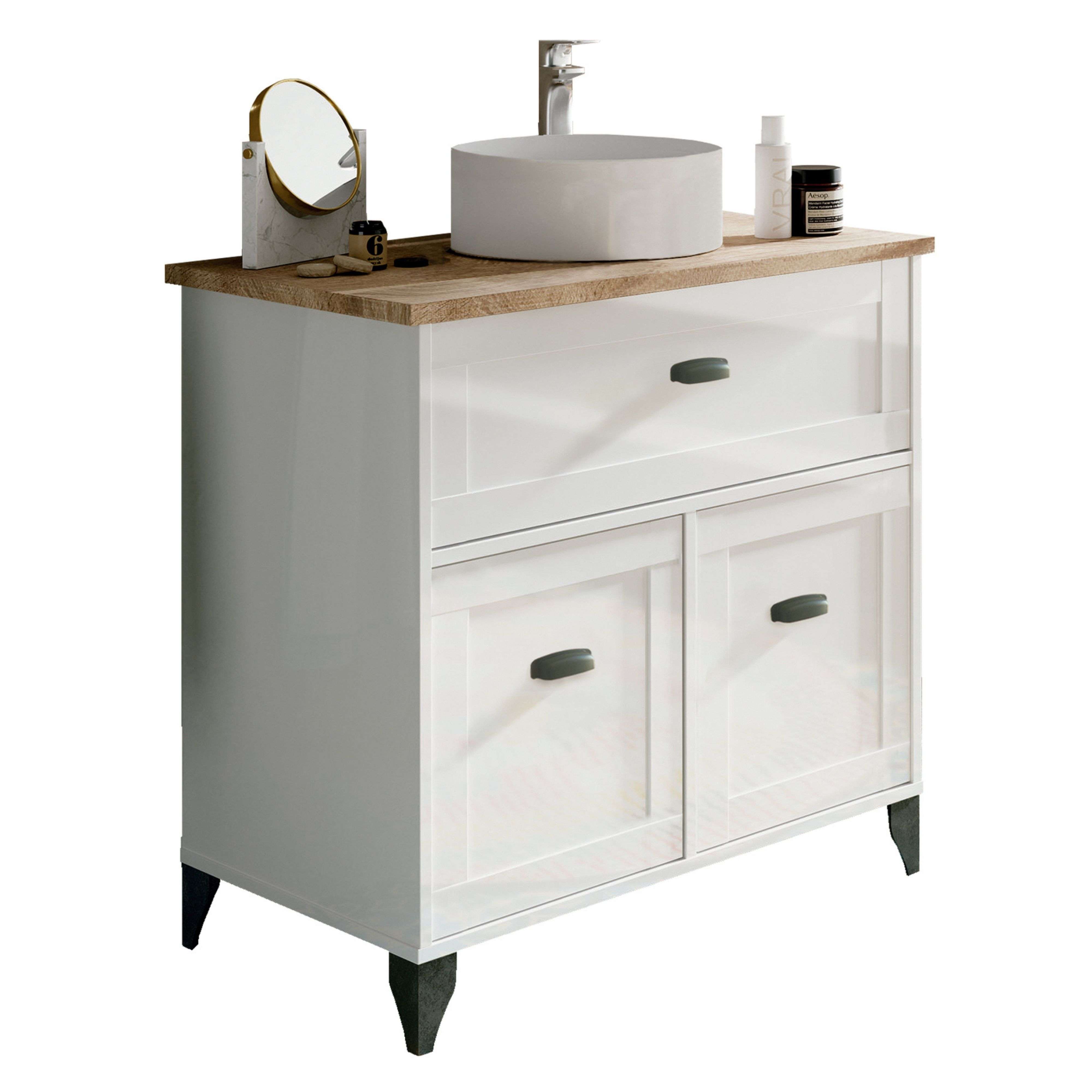 Miroytengo Mueble de Baño Siena Estilo Nórdico en Color Blanco Soft y Roble Cambrian  con 1 Cajón y 2 Puertas (Lavabo Opcional)