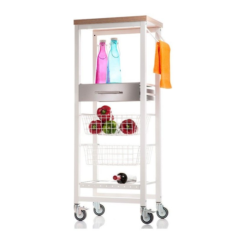 DON HIERRO - Carrito verdulero de cocina ONDA ALTO – Mueble auxiliar con 2 cestas, cajón y botellero, encimera color Olmo-