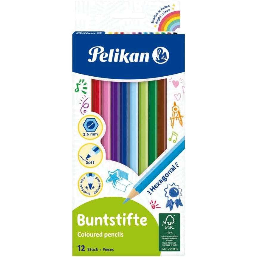 Pelikan caja de 12 lapices de colores hexagonales lacados - mina antirotura - certificacion fsc
