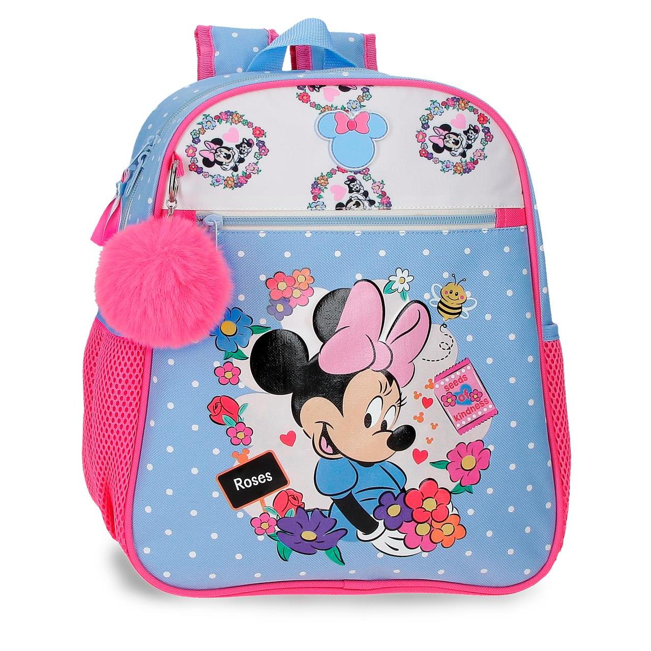 Mochila escolar adaptable a carro Minnie Flowers 27x33x11cm Azul Claro